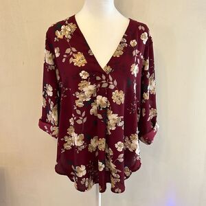 Lush burgundy floral rollable long sleeve blouse Size M EUC
